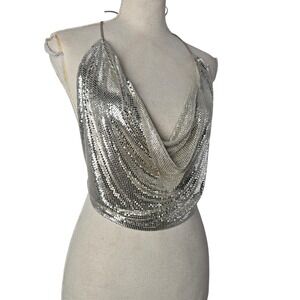 Vtg Whiting Davis 70s Disco Womens Silver Metal Mesh Halter Neck Drape Crop Top
